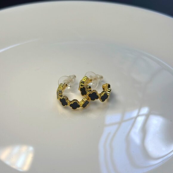 Noir Fleur Hoops: Black Enamel Clover Mini Earrings